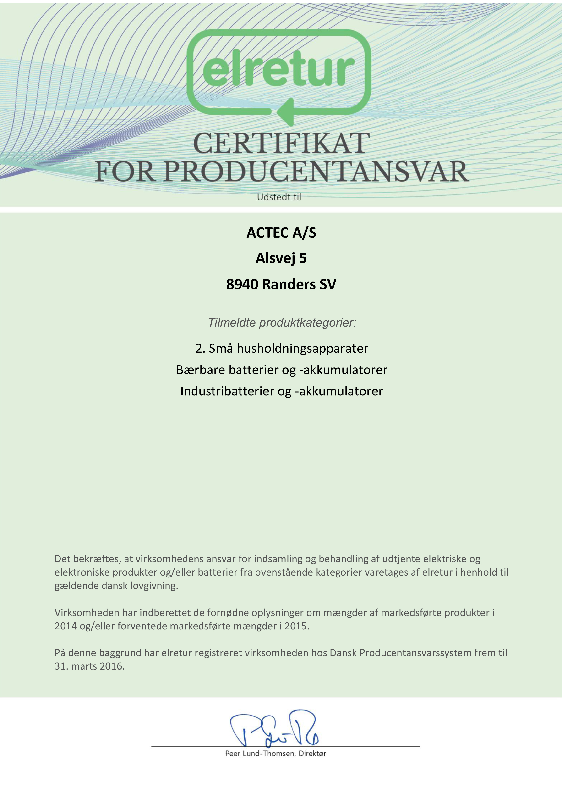 Certifikat El-retur ACTEC 2015-2016